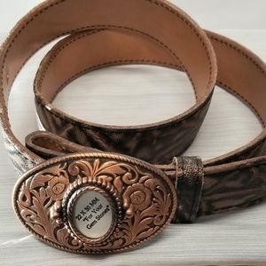 Metal etched copper colored ladies belt buckle